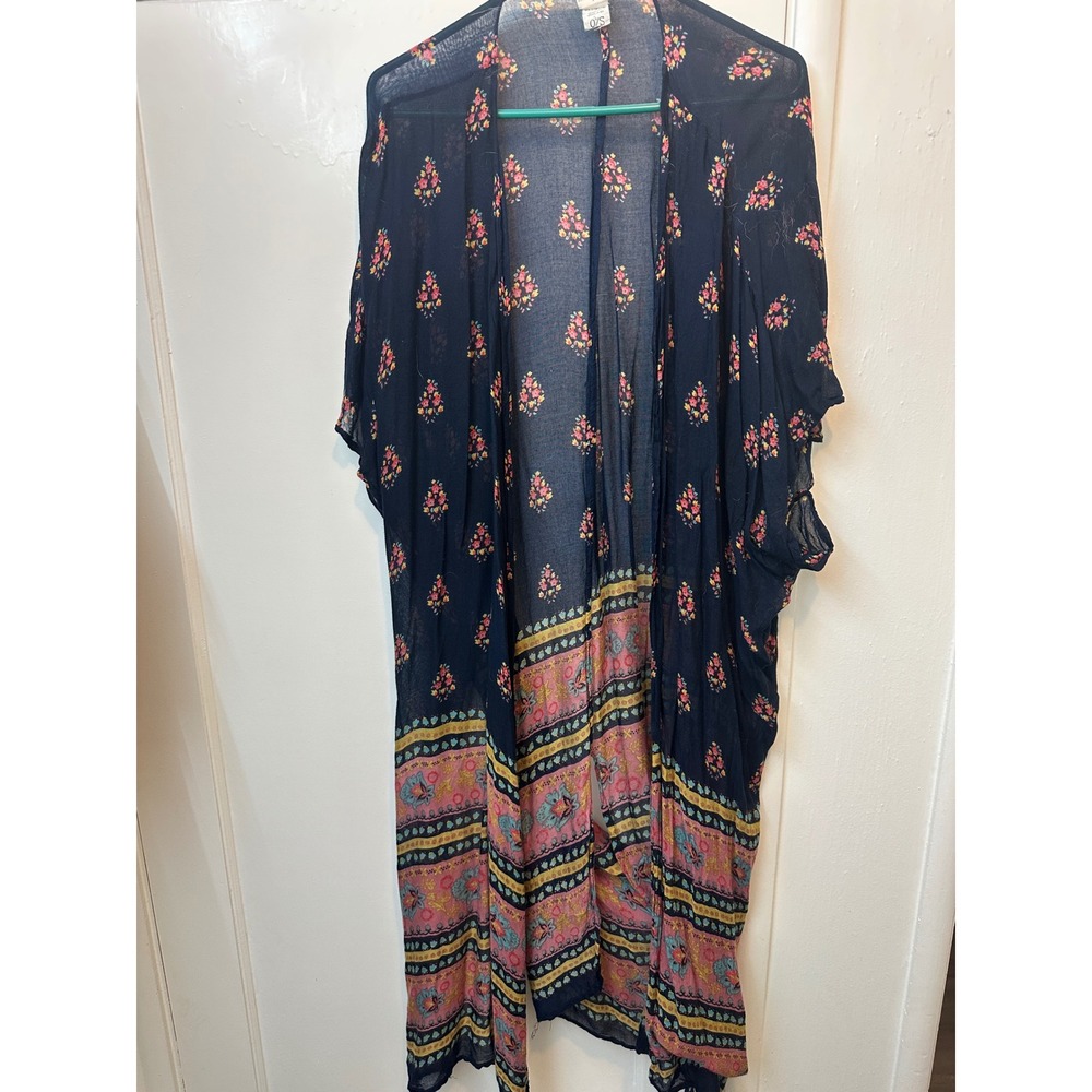 Natural Life Navy Floral Boho Kimono Wrap Open Front Cover Up OS